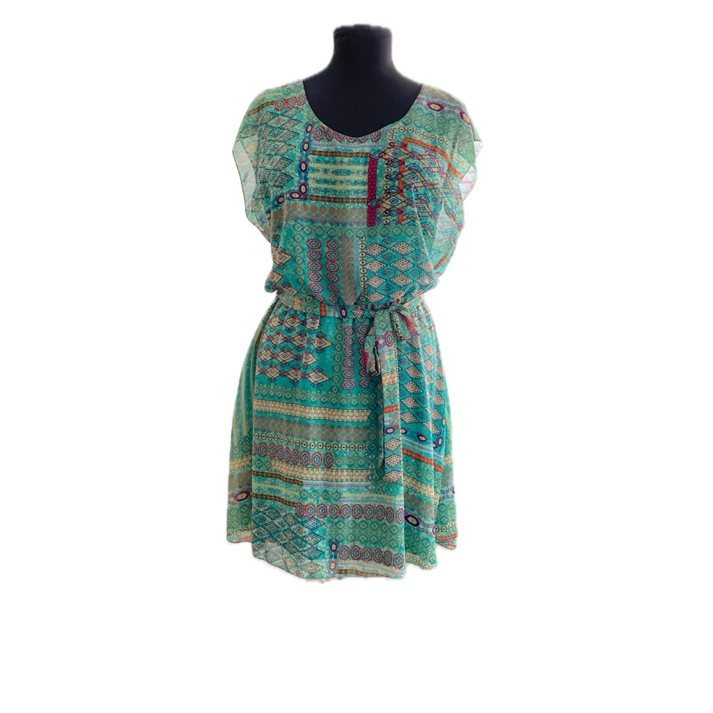 Tacera Teal Multi Color Patterned Mini Dress